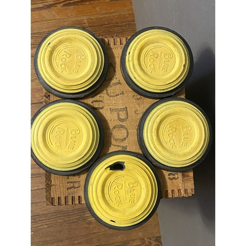 5 Vintage Remington Clay Pigeon Targets Set Yellow Black 4.5" Dupont Numbered